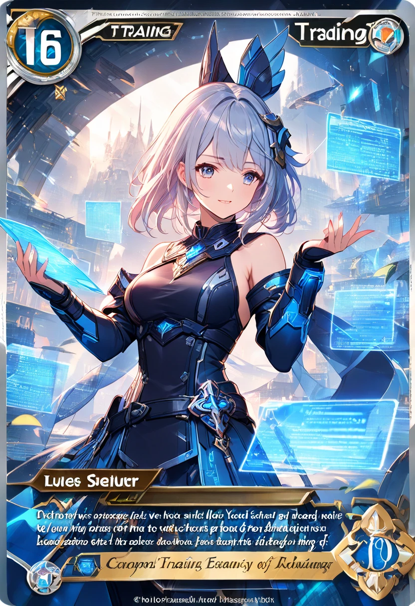(masterpiece), ((hologram)), (1 girl), (fantasy), trading card, english text, Card \(medium\)