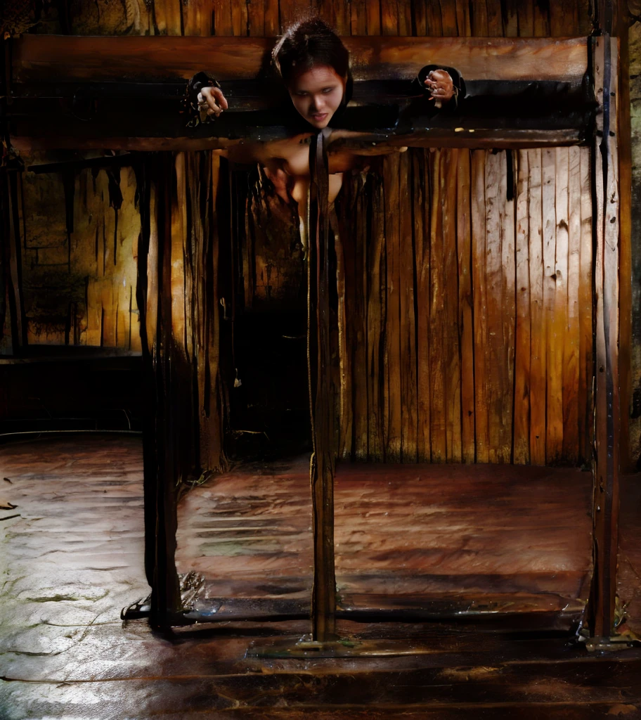 legs hanging from a rope covered in cuts with blood dripping on the floor of a dark kitchen