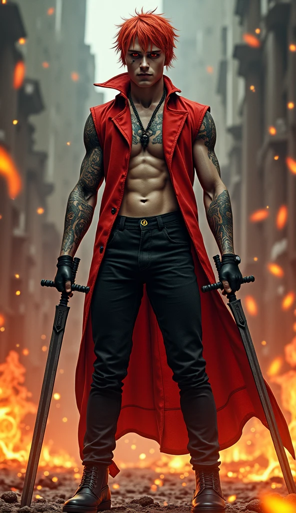 Ele vai ser alto, com 2,5m de altura, maromba, com olhos escarlates e cabelos vermelhos cacheados, with dark pants and a tight t-shirt to show off your six-pack, com botas como Meliodas de Nanatsu no taizai da primeira temporada, but with the colors red and black and a golden chain around the neck with a colored stone hanging from the chain, and without a beard and with two Katanas that are in their sheaths on his back and with a serious face and the guy has to be very handsome 