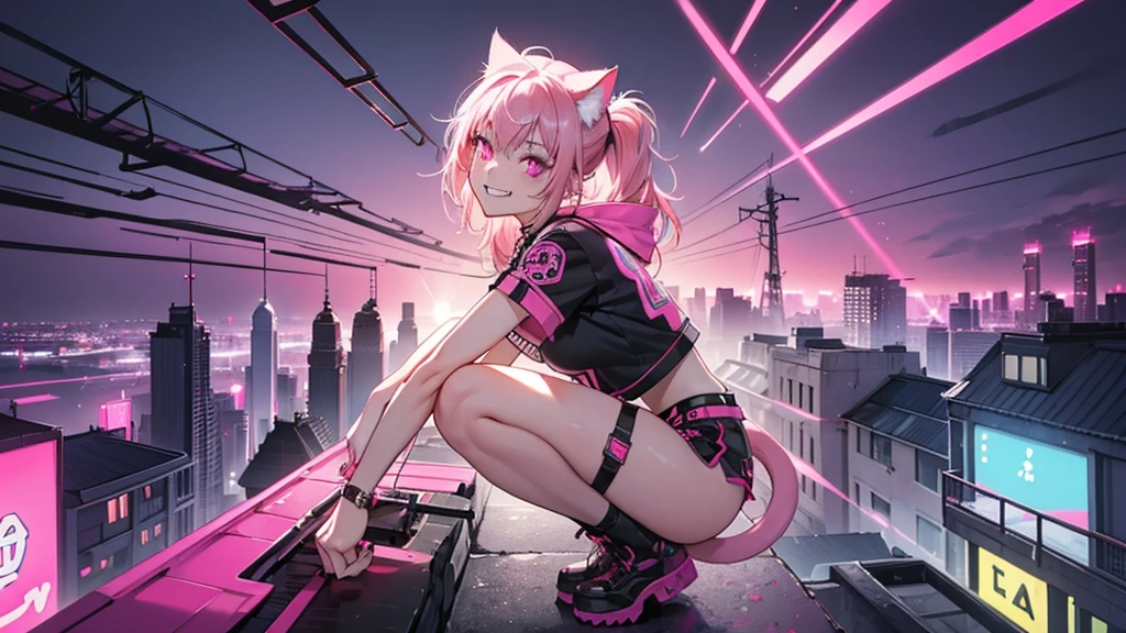 1girl, masterpiece, cyberpunk, absurdres, highres, 8k, intricate detail, medium camera shot, half body, BREAK, pink pleated skirt, white bodysuit, pink cropped hoodie, thigh high boots, BREAK, ((short multicolored hair)), cybernetic eyes, (((digitigrade legs prosthesis)), ((robotic cat ears, robotic cat tail)), ((cyberpunk inspired)), close shot