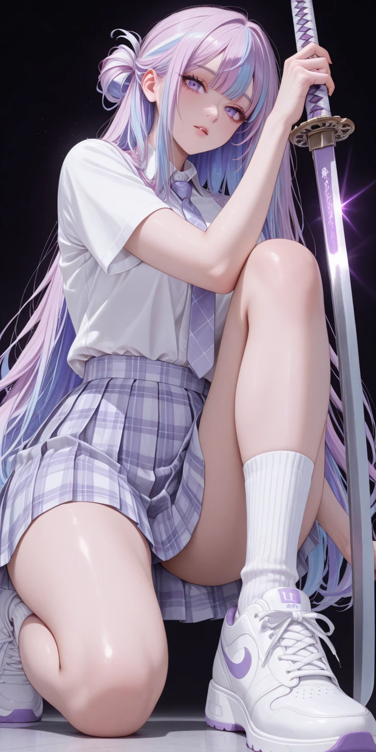 dynamic angle, floating, decoration, painting, depth of field, depth of field, nature, beautiful detailed girl, extremely detailed eyes and face, beautiful detail eyes, detailed light, movie lighting, lens flare, light leakage, sunlight , shine, beautiful details glow, ridiculous, incredibly ridiculous, huge file size, super detailed, high resolution, very detailed, best quality, masterpiece, illustration, an extremely refined and beautiful, very detailed, CG, unity, 8k wallpaper, amazing, Fine details, masterpiece, best quality, official art, very detailed CG unity 8k wallpaper, long shot, volumetric lighting, high saturation, dramatic angle, , solo, full body, smile, purple eyes, purple hair, blunt bangs, double tails, curves, school uniform,,, sitting, plaid skirt, pantyhose, sneakers, headband