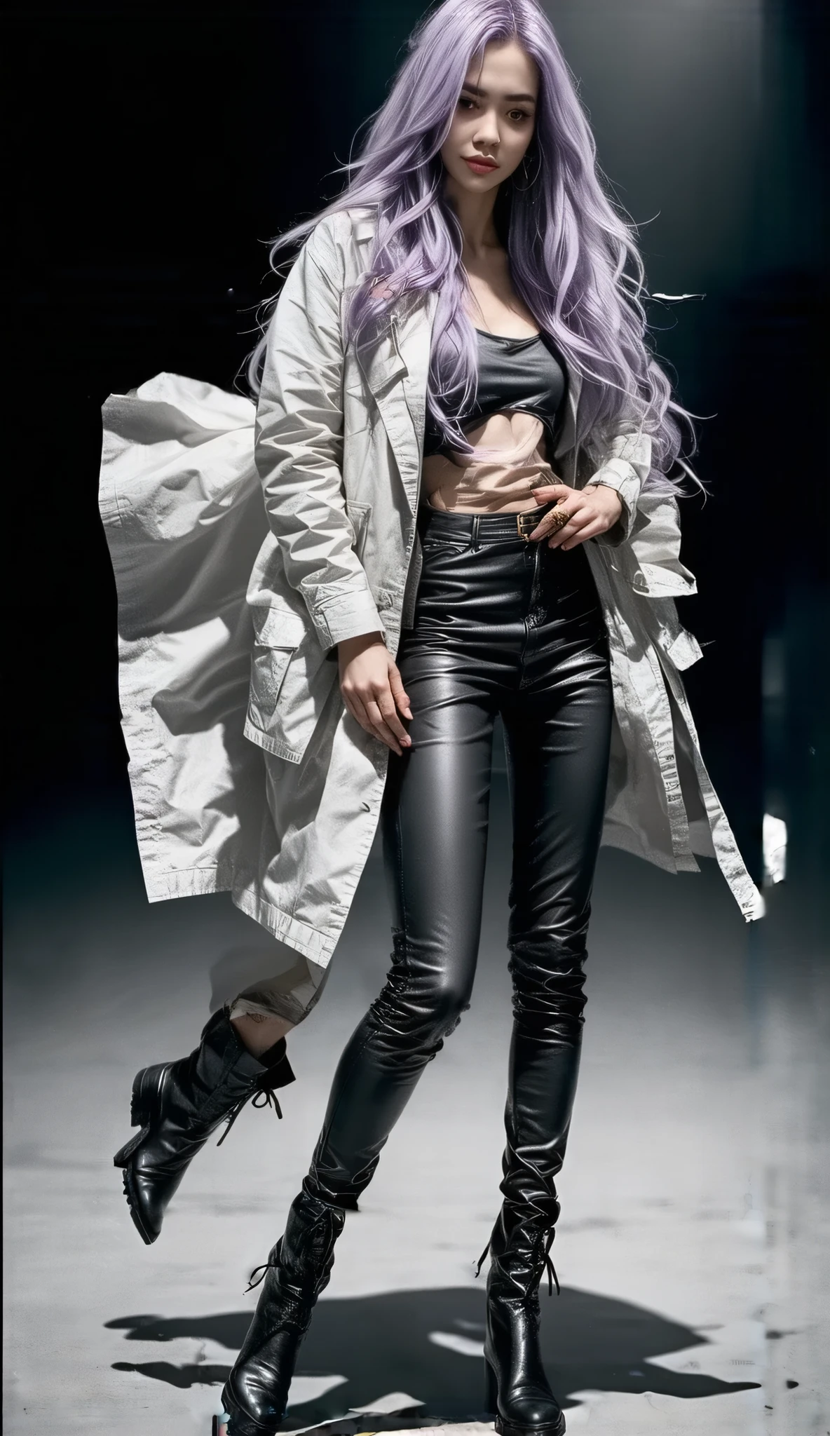 A full-body character style sheet of Ludmilla Von Friek, a sophisticated and confident fashion icon with an elegant yet futuristic vibe. Ludmilla is portrayed as a stunning woman in her early 20s with flawless, glowing skin and a striking presence. She has long, wavy platinum-blonde hair that flows effortlessly, with soft lavender highlights that shimmer under the light. Her almond-shaped eyes are piercing blue, framed by thick, meticulously styled lashes and perfectly arched brows. She exudes charisma and charm in every aspect of her appearance.

Background and Color Scheme: The style sheet features a neutral gray background to emphasize the character's details. Soft spotlights in warm tones highlight Ludmilla's features and outfits. The overall color palette includes reds, purples, whites, and metallic accents to reinforce her fashion-forward and sophisticated persona.