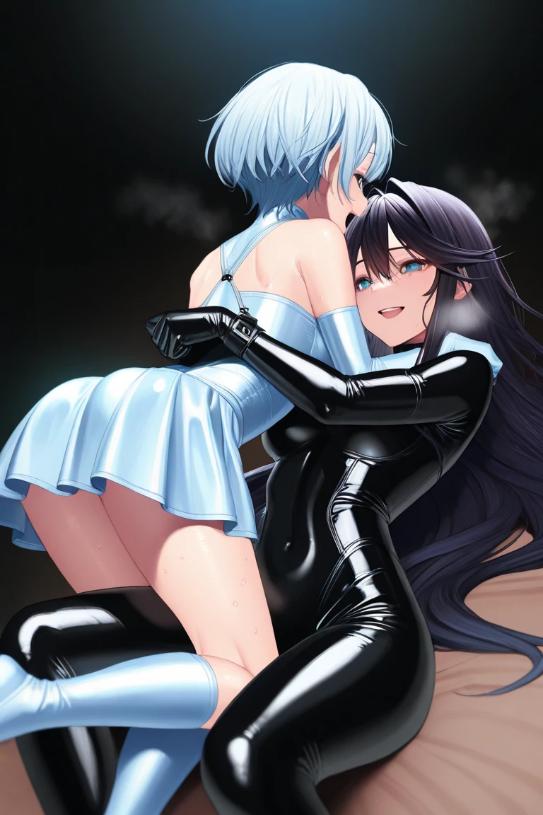 Felicia, blue hair, Green eyes, cat tail, white wet lace underwear, big ass, big breasts, lewd horny face, lewd smiles, blushes, ashamed, in the gothic Room, Grab ass, spread ass, two girls, duo.