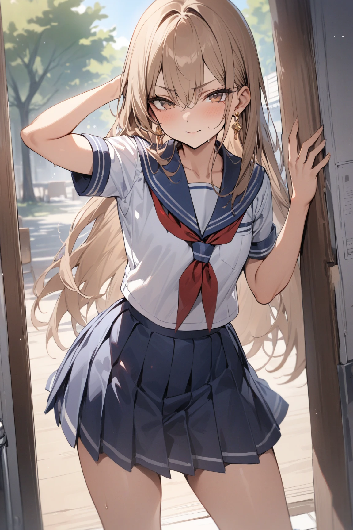 cute school girl wearing open top string bra and super short skirt with a uniform un buttoned
