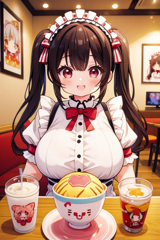 Boob Tray、One Woman、beautiful girl、waitress、20-year-old、Side Ponytail、restaurant、waitressの制服、Short skirt、Black Pantyhose、Holding the tray、Highest quality, smile,, Big Ass、Big Breasts、Very big 、Place your breasts on the tray、 sink into the tray、Empty tray、Place breasts on the tray、おっぱいの下にHolding the tray、Bury your breasts in the tray