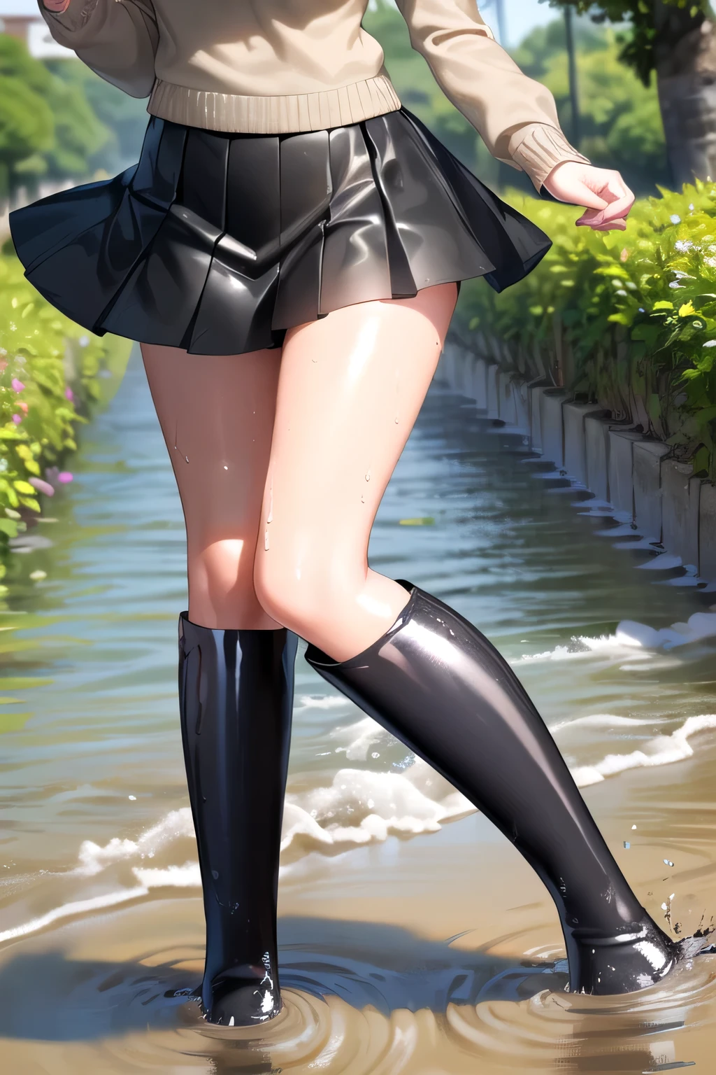 (masterpiece), (High quality, High resolution, Fine details), (beautiful face), (beautiful eye), (rihoko sakurai), (brown eyes:1.5), brown hair, (large breasts), grey skirt, kibito high school uniform, pleated skirt, school uniform, skirt, (sweater:1.2), glossy black under knee-length rubber boots (glossy black:2.0, under knee-length:1.5), (walking through a mud on the bumpy dirt paths:1.2), (as if pushing through the mud:1.2), (her glossy black rubber boots are submerged by the mud:1.4), (make a splash:1.2), (Detailed eyes:1.2), smile happily, blush, vivid colors, studio lighting, Fantastic Scenery, shallow depth of field, perfect hands, beautiful fingers, full body.