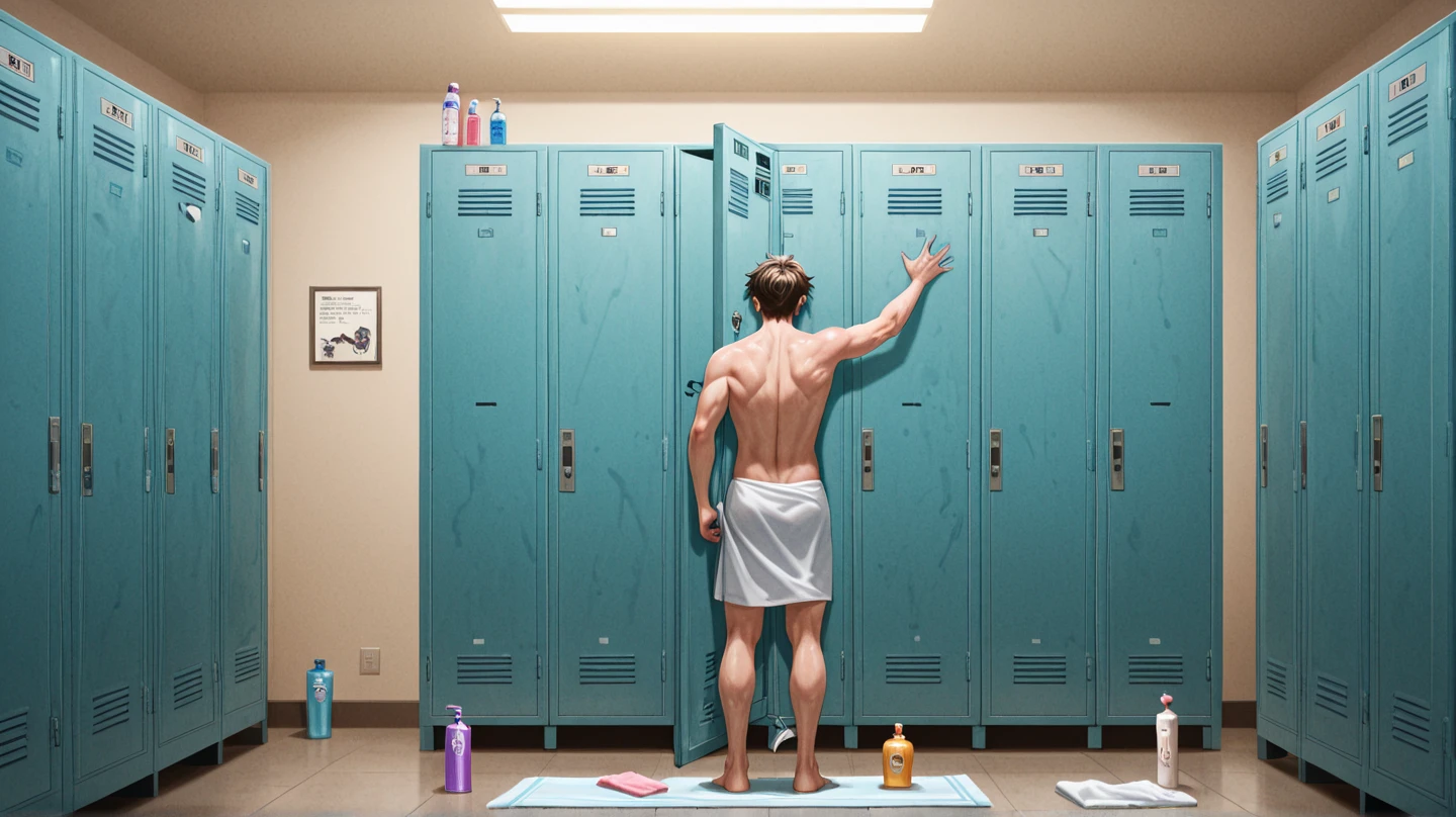sketch, 20 yo male figure study, young muscle-bound jock, standing, full stocky body, completely naked, totally , no clothes, sans clothing, au natural, covering crotch with a white towel, bare butt, crowded gym shower with spraying showers and showering men in background, pastels, by harry bush, James Montgomery Flagg and Lois van Baarle and jim french and rossdraws, detailed realistic eyes, big bare feet, large bulge in crotch, very handsome, beautiful