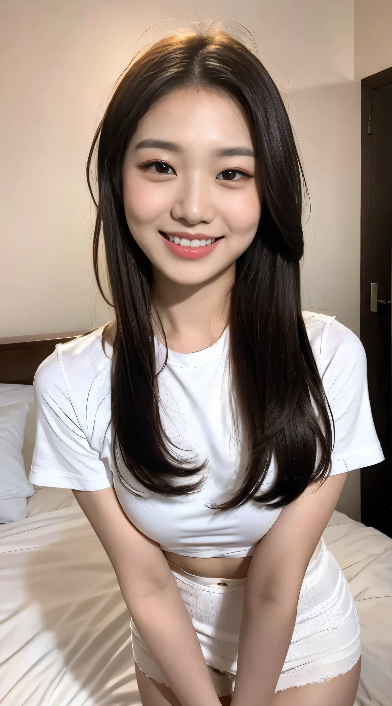 {{one high school girl：18 years old：Large double eyelids：mascara}], {White underwear}、 {white tight mini skirt}、 bed、{smile、Short sleeve、 {high resolution}、 {Korean Idol Faces } 、{double eyelid}、{White teeth}、   {medium hair} 、 {standing}