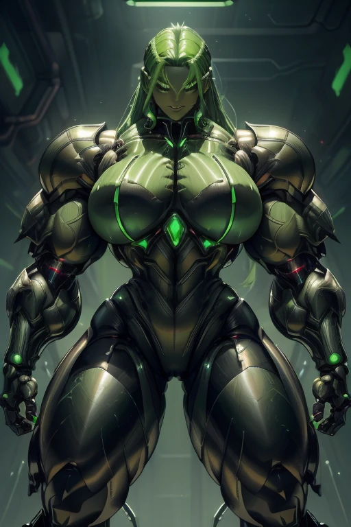 ((((Massive, beautiful, buff, muscular light brown skinned female samurai with green hair, black lipstick, ginormous bulky muscles, holding a green fire sword and wearing an all green cyber samurai armor with pants)))), {close view}, black eyeliner, massive muscles, large breast, massive biceps, hyper muscle triceps, (long curvy hair), orange eyes, samurai boots, In a futuristic city, sleeveless, steel samurai armor, nighttime, closed smile, hyper muscles arms, hyper muscle legs, ginormous arms
