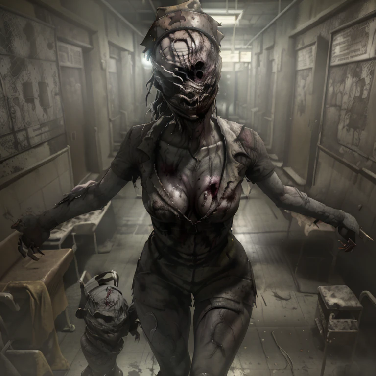 Shapeless indonesian woman with twisted arms dragging across the floor, clothes torn into strips, claws in her hands, delicate and scary face, twisted body, mutation, grotesque, scary, lovecraft, filthy and gloomy room with moldy walls, puddle, garbage on the floor, untidy and filthy old bed, ghostly light, cinematic, film coloured, asian horror film look