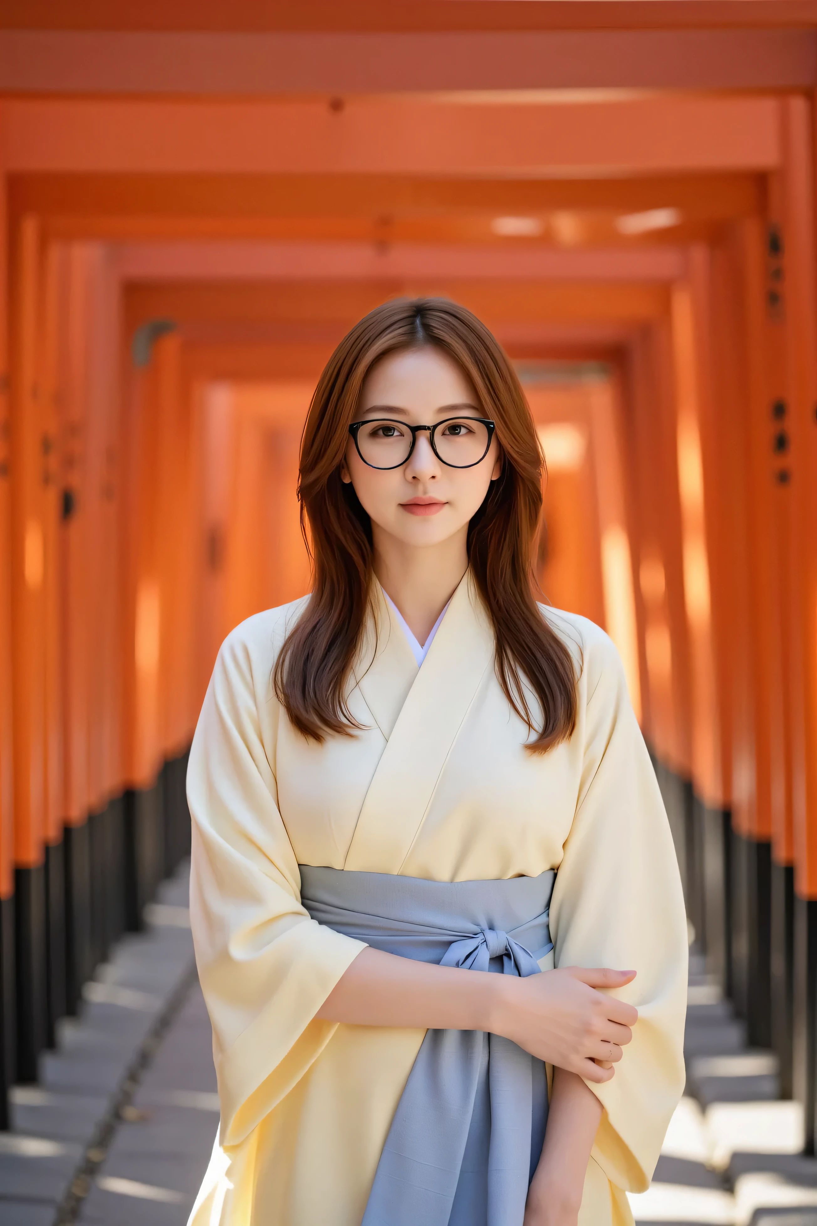 [stands in a tunnel with a bright red torii gate、young woman in a vanilla yellow kimono, peaceful meditation, Gentle sunlight], [pictures, photorealistic], [shallow depth of field,  natural light illuminating the scene ,  warm color palette、Dark Hair Red and Light Blue , Smooth Texture of Kimono and Wood, Gravel Path Background, high resolution rendering, has been slightly reduced in color saturation for a relaxed atmosphere]、black glasses