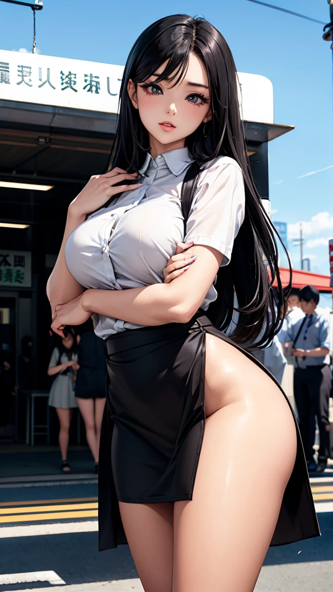 nsfw, (Butt sticking out pose), dogeza, semen overflow, anal expanded, used condom on butt, dark cum in pussy, milf, tits, cosplay, tease, tight skirt, cum on face, ahegao, dark semen, used condom on butt, cum on wear, black hair, cum on hair, charm, public, disgust