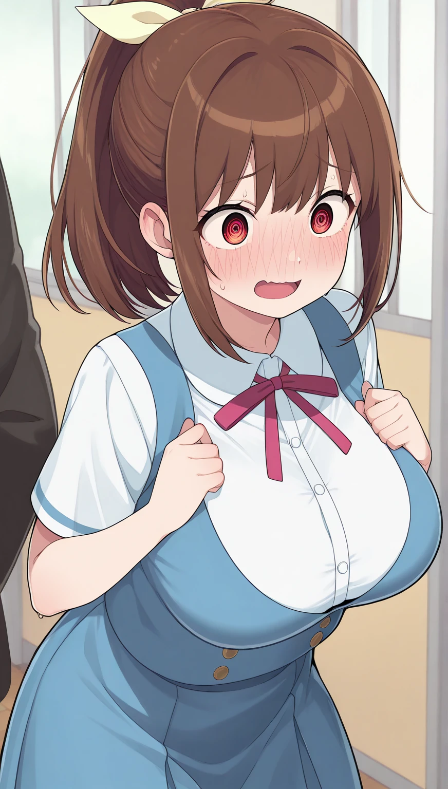 upper body,in the train,(shift down bra,breasts out) , mini skirt, open shirt , blush,surprised,nipples , (arms behind back), ,( ugly man shift down bra from front:2) ,slim, large breasts,single side bun