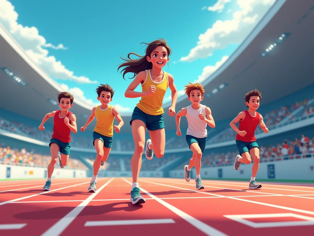 Four children competing on an athletic track, all arriving at the goal at the same time, one next to the other. Among the four children there must be a child athlete in a green uniform with a bull insignia, a child athlete in a red uniform and a dragon insignia, a girl athlete in a yellow uniform with a lion insignia and a girl athlete in a blue uniform with an eagle insignia. In the background the large Olympic rings and the Olympic torch