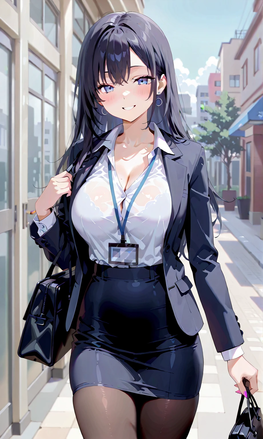 (masterpiece), (best quality), (ultra-detailed), ((girl, 29 years old)), an extremely delicate and beautiful, detailed eyes, minute details, (black hair, long hair, straight hair, hair between eyes), ((big breasts)), smile, open mouth, ((beautiful eyes)), (blue eyes), (upper body), she is wearing a blue dress, (detailed clothes), (detailed background, in a hospital, hospital hallway), (monochrome)