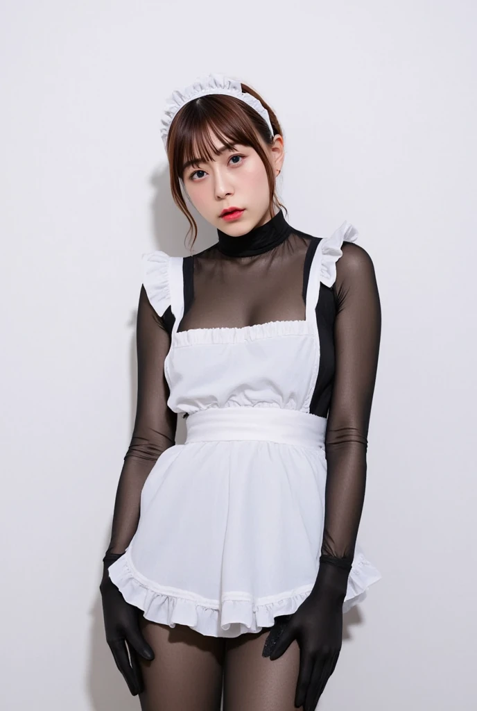 Realistic, Photorealistic, NSFW, Solo, Solo Focus, Cinematic Light, (Detailed Face and Beautiful Eyes: 1.2), (Masterpiece: 1.5), (Best Quality): 1.2), Ribbon, Black Ribbon, Kawaii Eyes, Twin Tails, Thigh Socks, Black Hair, Lace, Cowboy Shots, Shirts, Black Footwear, Mine System, Black Bow Tie, Bangs, Long Sleeves, Ruffles, Ribbon, standing, white underwear, taut underwear, blue bow, hair ribbon, hair bow, long hair, choker, small breasts, small ass, Orchan-6500