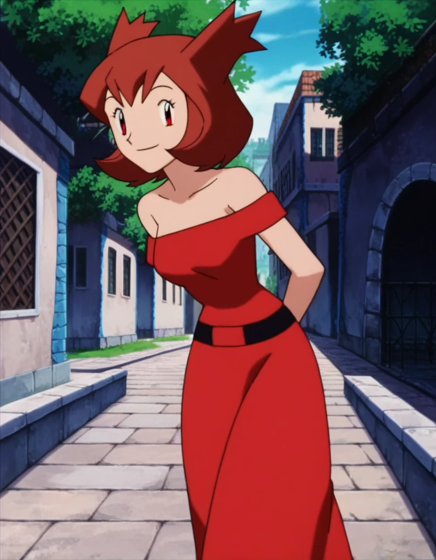 1 girl, solo, Pokemon Heroes (Bianca), Brown Hair, brown eyes, bare shoulders, black cut out halterneck dress, smile, ballroom, cowboy shot, facing viewer, absurdres, ultra detailed, masterpiece, best quality, Teenager, pokemovies, window of a purple sundown

