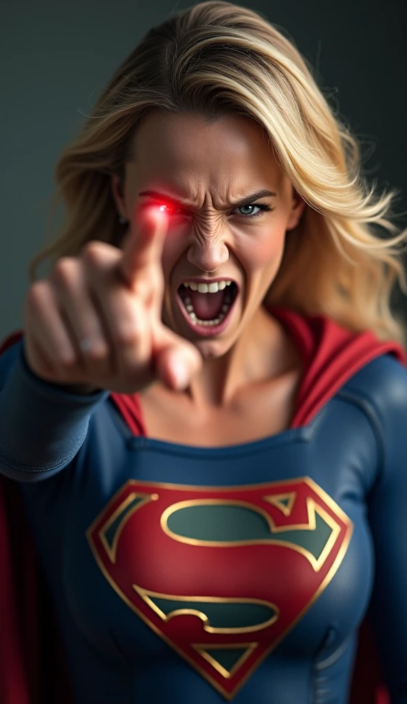 (((Extreme close-up of a beautiful woman with long blonde hair Charlize Theron under the cloak of the Kryptonian Kara Zor-El aka Supergirl in a blue suit with tiny scales on the suit, a red skirt, Superman emblem on her suit on her knees screaming, a mortal wound in her chest with a metal bar in flourescent green Kryptonite on the bar, blood around her, skulls in a cemetery, bloody images)))