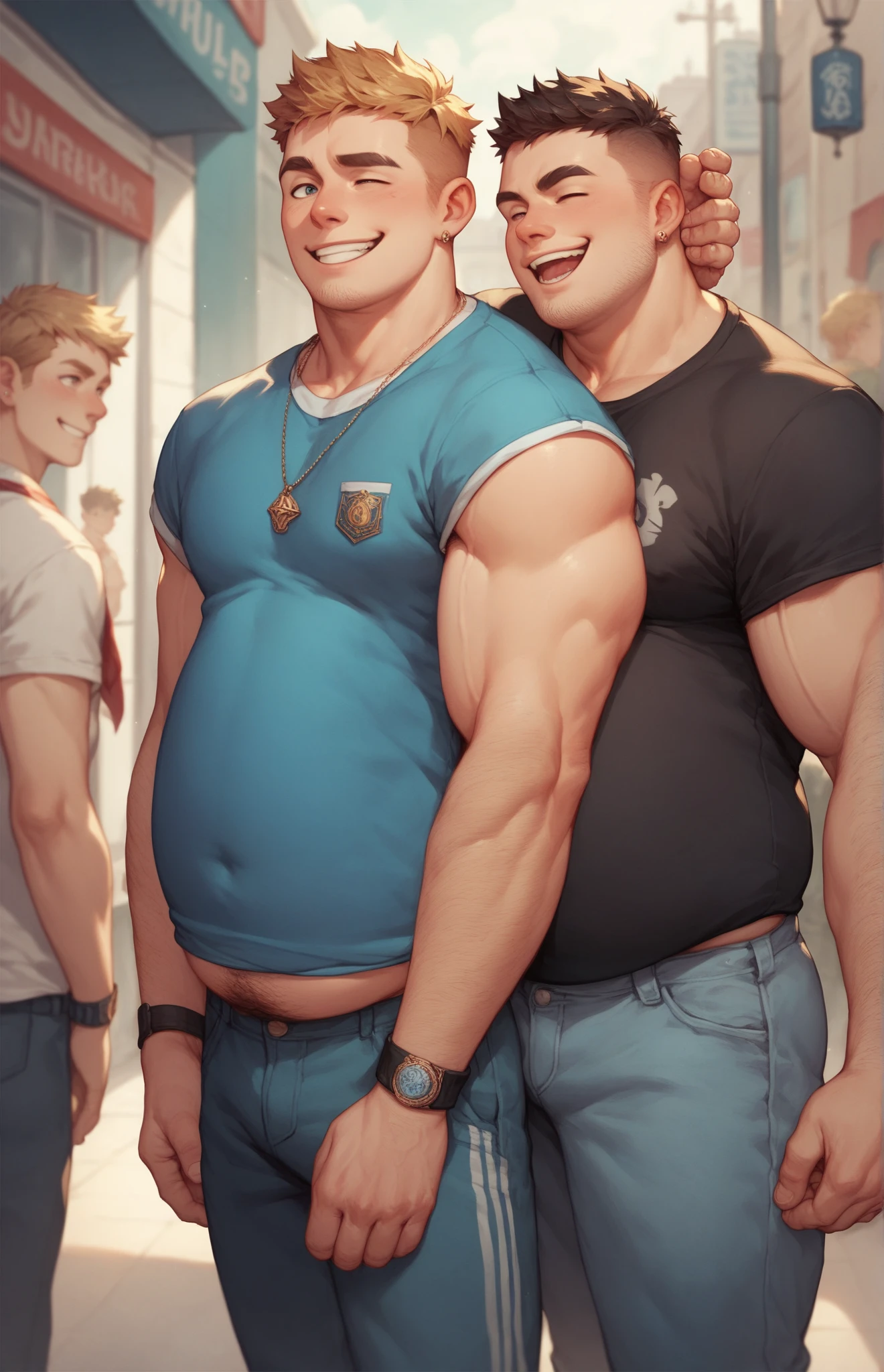 2 men photorealistic full body view. A tall muscular, masculine 24 year old Caucasian jock with crew-cut, short blond hair, stubble, and blue eyes, wearing only a tight blue logo tank top, with a big erect dick dripping cum, standing in front of a young 19 year old Caucasian, muscular nerdy boy with fade cut brown hair, clean shaven, brown eyes and glasses with thin black frames, wearing an unbuttoned dress shirt and purple underwear on his knees with cum on his face and chest. NSFW, sexy, love, muscular, masculine, 2 men