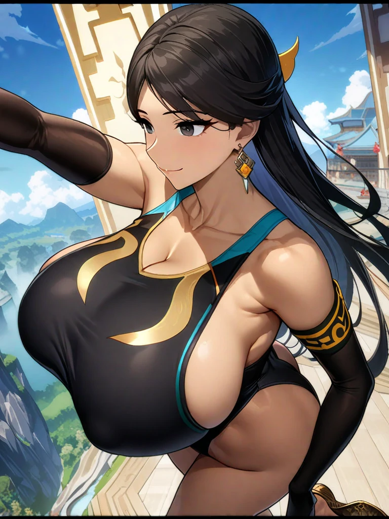 Masterpiece, Excellent, 1 female, brunette hair, bare shoulders, long hair, swimsuit, denim photos, dynamic pose, dynamic angle, exposed breasts, huge boobs