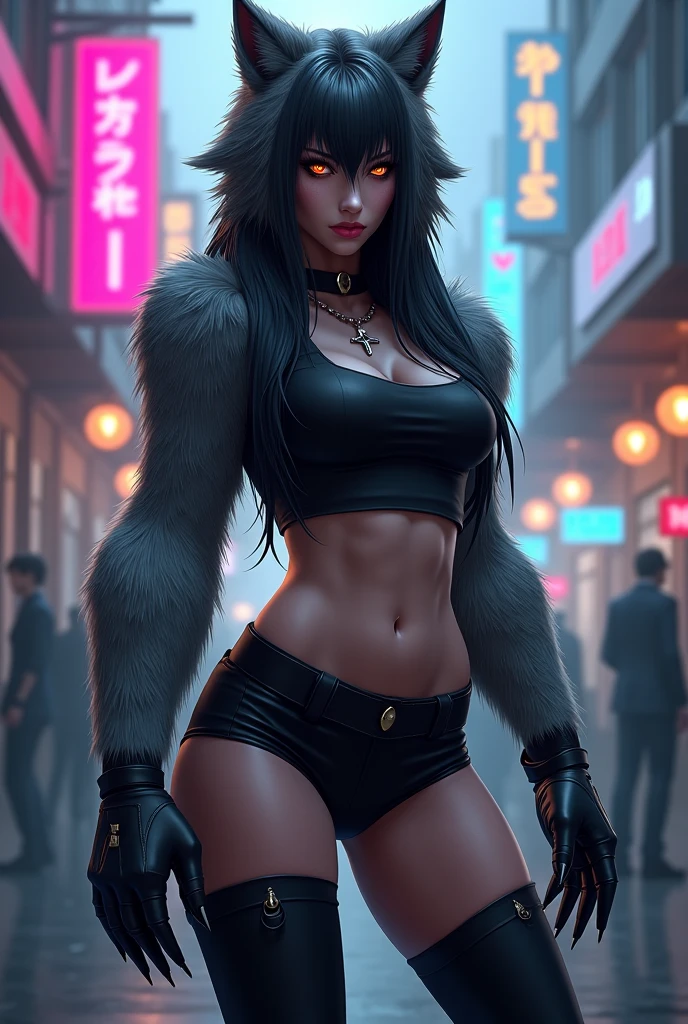 a werewolf with fluffy black fur, wearing a black hooded zipper jacket with hood open, dark grey pants, wolf paws and tail, 1 tail on waist, seductive smile, blood-red eyes, standing on the edge of a building, (best quality,4k,8k,highres,masterpiece:1.2),ultra-detailed,(realistic,photorealistic,photo-realistic:1.37),HDR,UHD,studio lighting,ultra-fine painting,sharp focus,physically-based rendering,extreme detail description,professional,vivid colors,bokeh,horror,dark fantasy,penis
