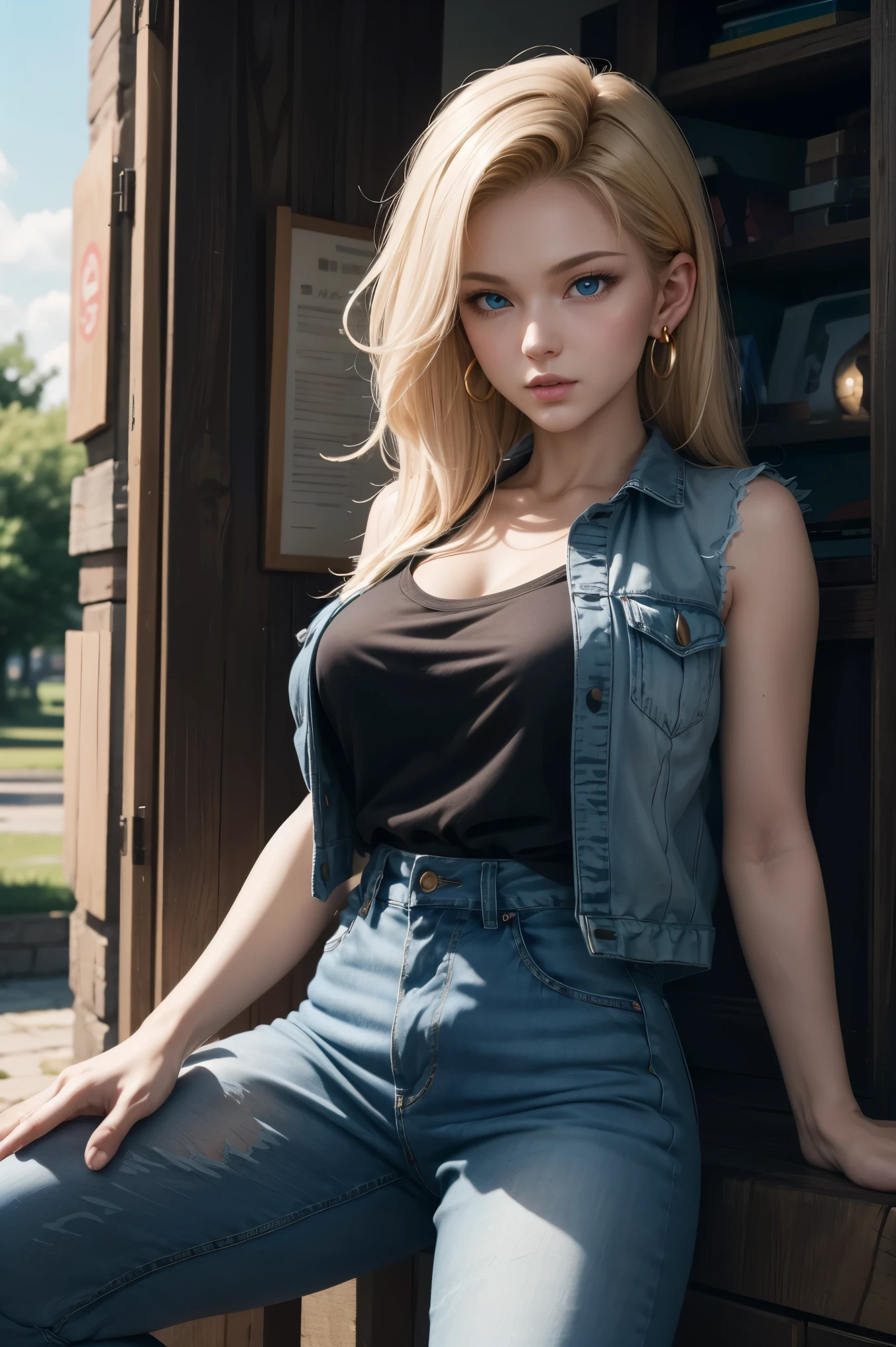 No.18,Dragon Ball Z,Dragon Ball Super,One-length hair,beautiful white blond hair,Shortcut, beautiful blue eyes ,PINK LIPS,white skin,cool expression,black sleeveless,blue jeans per boy,Ultra HD,super quality,masterpiece,DSLRs that will end,photorealistic, Detailed Details,Vivid details,depicted in detail,Detailed face, Detailed Details,Super Details,Realistic Skin Texture, colorful candy room ,perfect anatomy,anatomically correct hands,anatomically correct fingers,complex 3d rendering,big breasts,Gold ring earrings,nature,Beautiful spring scenery,Mysterious spring scenery,Beautiful Dusk,Hair fluttering in the breeze,Beautiful like a painting,takes pictures of Hirose's whole body,9 heads,