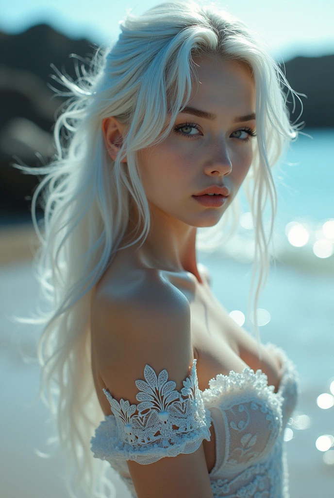 (whole body:1.3)(extremely intricate:1.3), (photorealistic:1.4), hyper-detailed wet sheer outfit, (sensual pose), (lewd face), sexy lips, waifu, oppai, beautiful, cute, pretty, perfectly proportion body, perfect framing, sharp gray eyes, supermodel face, detailed face, pale white skin, [[freckles skin]], (((white wavy hair))), cover art, moody,  zoom out, depth of field, art station, (luminism), (((cinematic lighting))), orange and teal, soft light, [summer weather: sunset weather:2.5] 4k resolution, octane render,