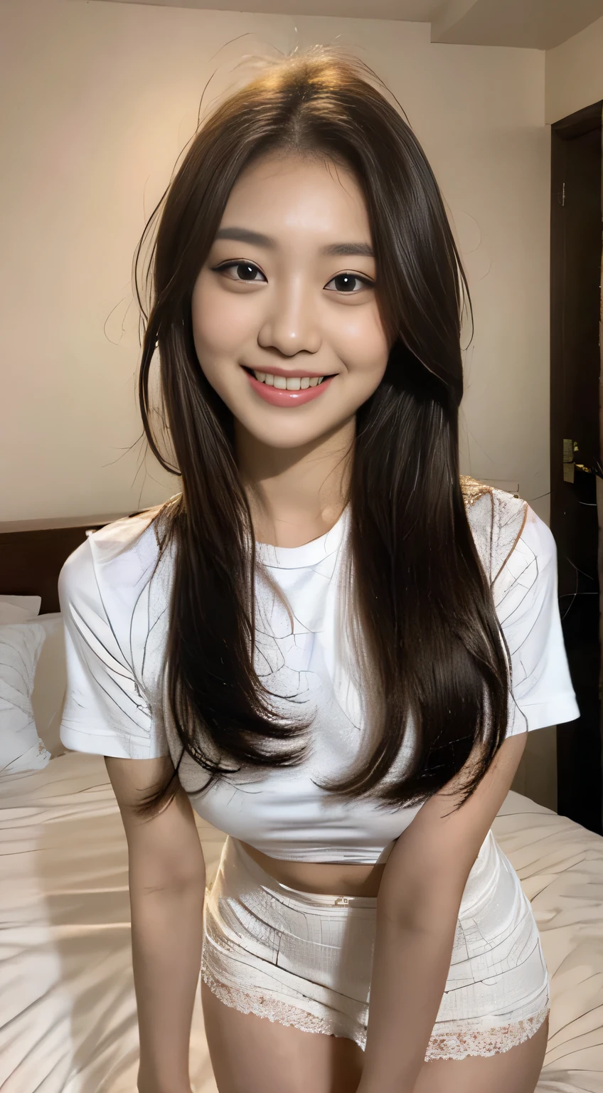{{one high school girl：18 years old：Large double eyelids：mascara}], {White underwear}、 {white tight mini skirt}、 bed、{smile、Short sleeve、 {high resolution}、 {Korean Idol Faces } 、{{{big double eyelid}、{White teeth}、   {medium hair} 、 {standing}