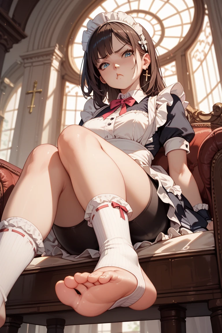 A Female robot is sleeping in the book, spread legs, nude, banzai pose. she wears no dress. She Brown short hair is tied with two big red clothespins, She lifts up the under hem of her white plain dress, leaning over, masterpiece, very short pigtails,brown hair, mature, android, blue eyes, full body figure, Height: 160cm, flushed cheeks, 2020s anime picture, A beautiful robot with short brown hair in two short pigtails held up by two very large huge red clothespins, Uplifting, No NSFW, whole body, barefoot, archaic smile, getting orgasm, 25 years old, sweat bucket.