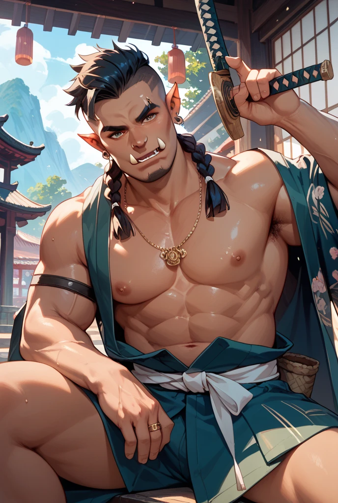 looking at viewer,  Amidst the Chinese New Year festivities of the Dragon, a (handsome young man:1.1), chiseled muscles and tattoos,
 he stands against a backdrop of gleaming red and gold lanterns on a stage filled with music and firecrackers. The man's tattoos, depicting dragons and Chinese symbols, underscore his cultural connection. With a radiant smile, he extends blessings for the year ahead, encapsulating the spirit of joy and community celebration. His masculine, youthful, and tender features exude warmth and charm, adding to the festive atmosphere of the occasion, 
 dynamic pose, 
 0rc, orc, green skin, bara, muscle, abs, hair chest,, masterpiece, 4k, high quality, highres, absurdres, erect cock, erect penis