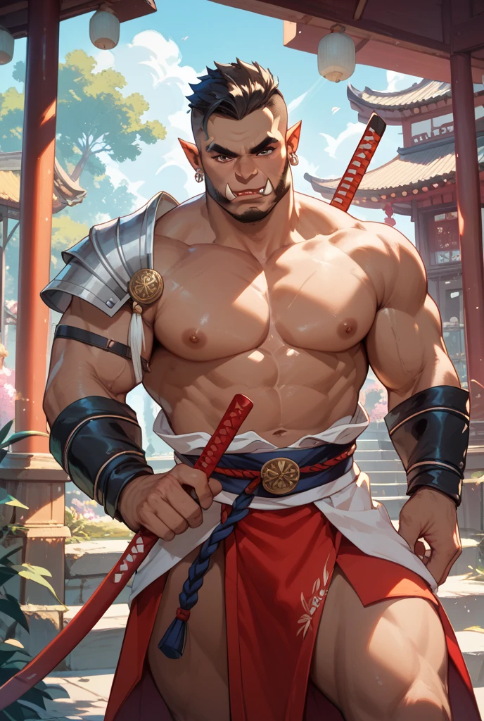 LeeSin, brown skin, shaved head, long black braid hairstyle, red blindfold with decoration, bristle, chest tattoo, abs, naked torso, white and red bandages on the arms, black pants with decoration, white and red bandages under pants.