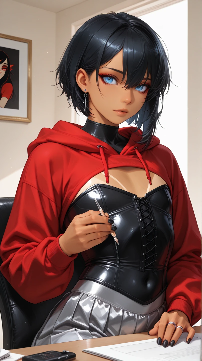 (masterpiece, best quality:1.2), noodle (gorillaz), black hair, 1girl, gloves, short hair, streaked hair, black gloves, guitar, black eyes, multicolored hair, looking at viewer, bangs, jacket, parted lips, solo, collar, fur trim, breasts, small breasts, bob cut, choker, sparkle, glint, necklace, collarbone, black jacket, red collar, bracelet, skirt, cleavage, cropped jacket, blush, ribbon, chain, chain necklace, 1girl, pov, female pov, FPOV, vaginal, sex, cum, masterpiece, best quality, 1boy, implied sex, hetero, cum on body, male focus, implied penetration, (from above: 1.5), girl on top, boy on bottom, suggestive fluid, cowgirl position, straddling, navel, on back, lying, blurry foreground, muscular, looking at viewer, detailed clothes, detailed nipples