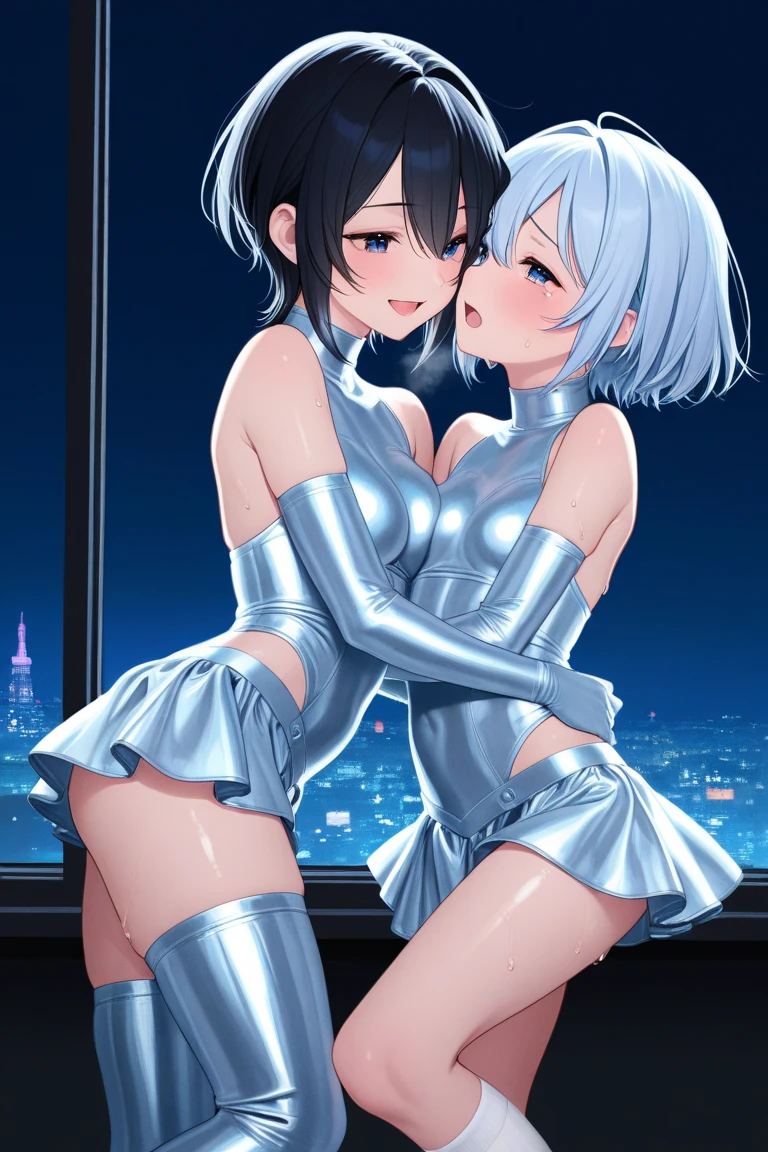masterpiece, best quality, 2girls, , (petite),
clear face, kneeling, (wearing bunny outfit), open clothes, nipples, bare small breasts, strip_club_venue, neon,