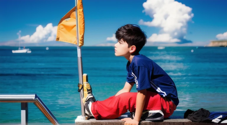 Boy on a raft looking at the horizon