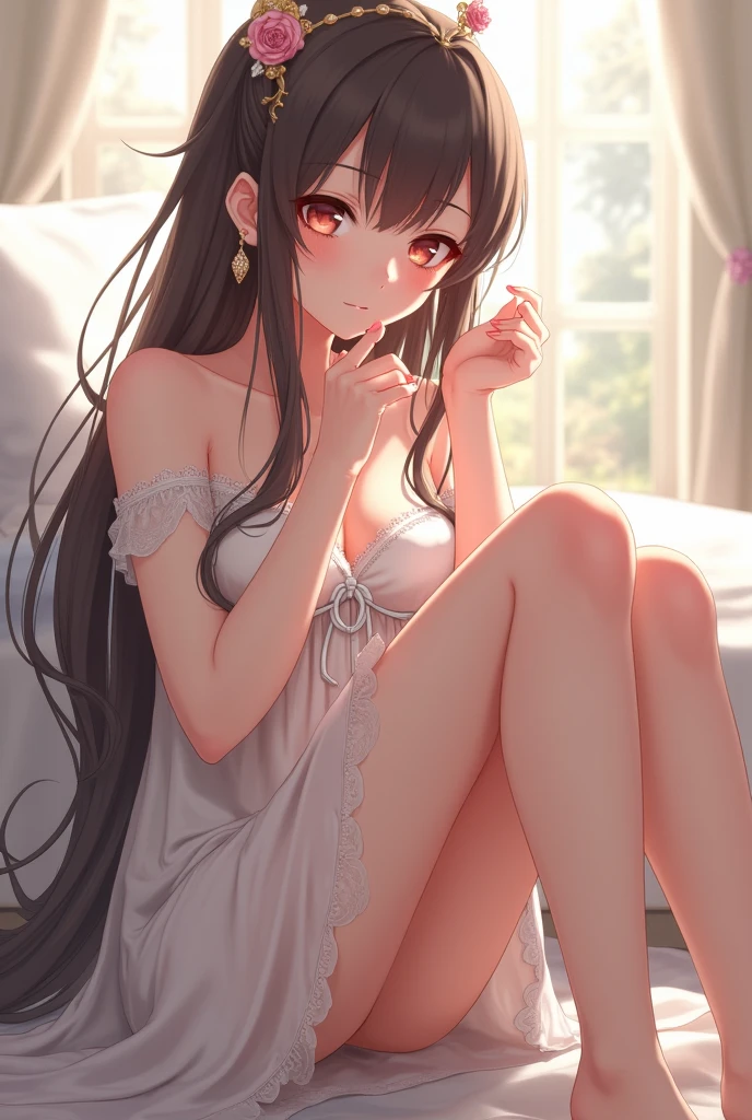 A beautiful girl, no clothes, sitting on the beds, nude, naked, face anime, big breasts
