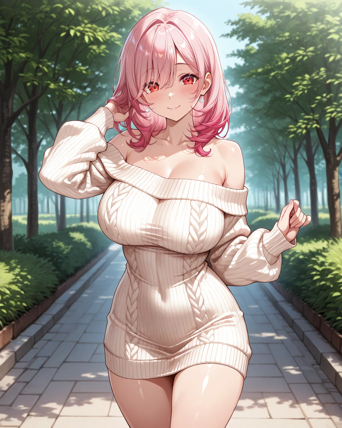 ((Masterpiece)),((high resolution)),((Best Quality)),Anime illustration,(((1girl))),,(wavy hair),(short hair),(pale pink hair color),small ponytail,Red eyes,(Big round eyes),((tareme)),,((loli face)),ry big breasts)),Short stature,,Off-the-shoulder sweater,(long maxi skirt),smile,Ladylike,cherry blossoms,