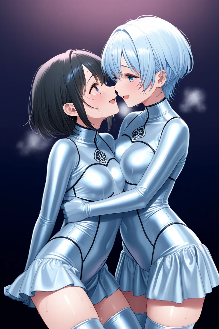 mixed_artwork style, cleavage, sweaty, Voluptuous, Gothic, Cortana (From Halo), thicc, big ass, Heavy breasts, Profile, visible curves, upright, structural body