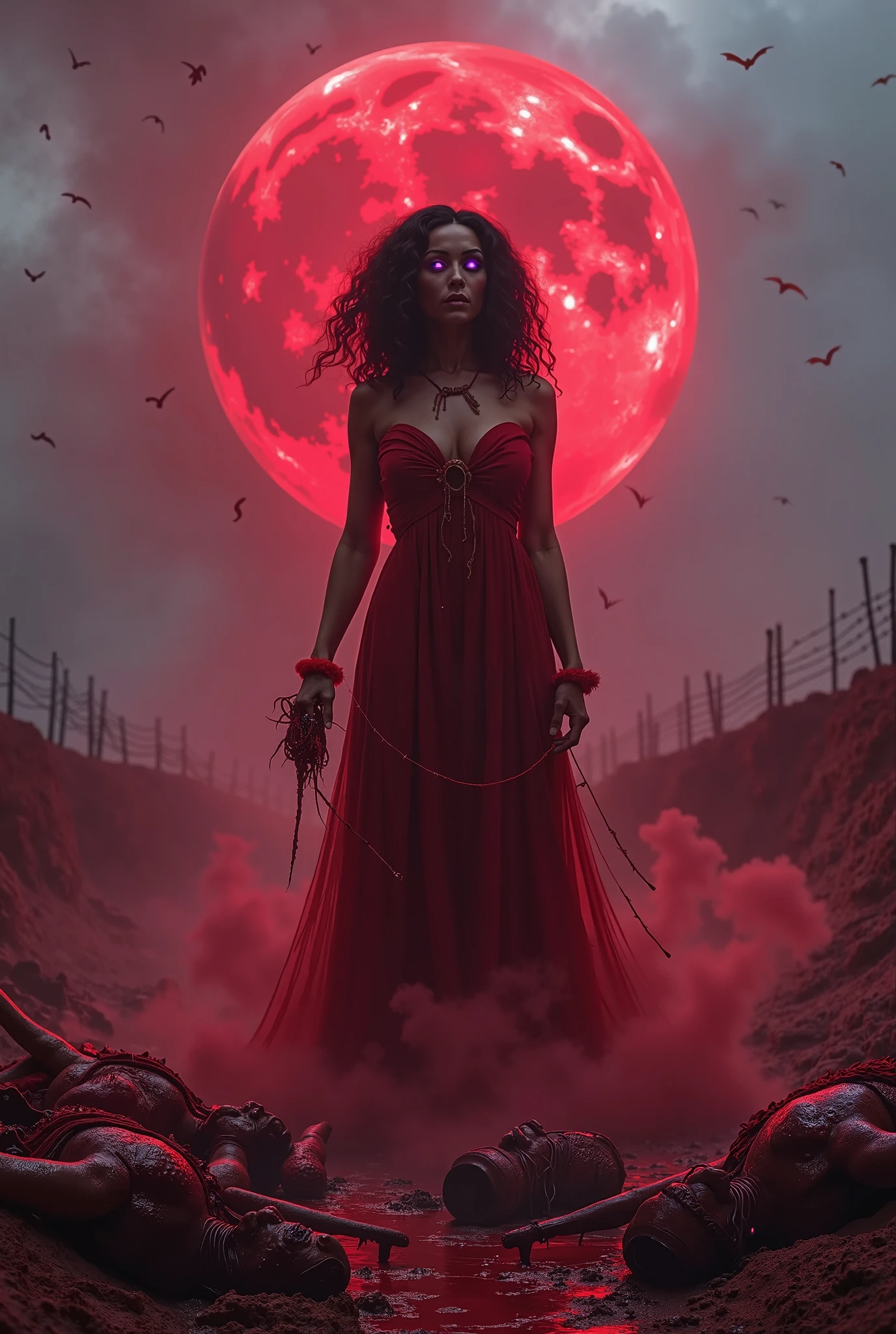 A sexy young male with glowing teal blue eyes and long black hair, with angelish and delicate facial features. Gothic frilly clothes. Blood pouring down. Raining blood from the sky. Despair. (Male) masterpiece, best quality, ultra-detailed, best shadow), (detailed background), (beautifully detailed face), high contrast, hyper detail, intricate details. red sky. one red moon. corpses everywhere. (Gloomy effect) Dark. Black. Darkness. Dragging corpses. Red balloons. Blood. Crows. Sexy pose. Awesome lighting. Male. Dragging corpses to the camera and walking towards it. *****MAKE IT MALE*****