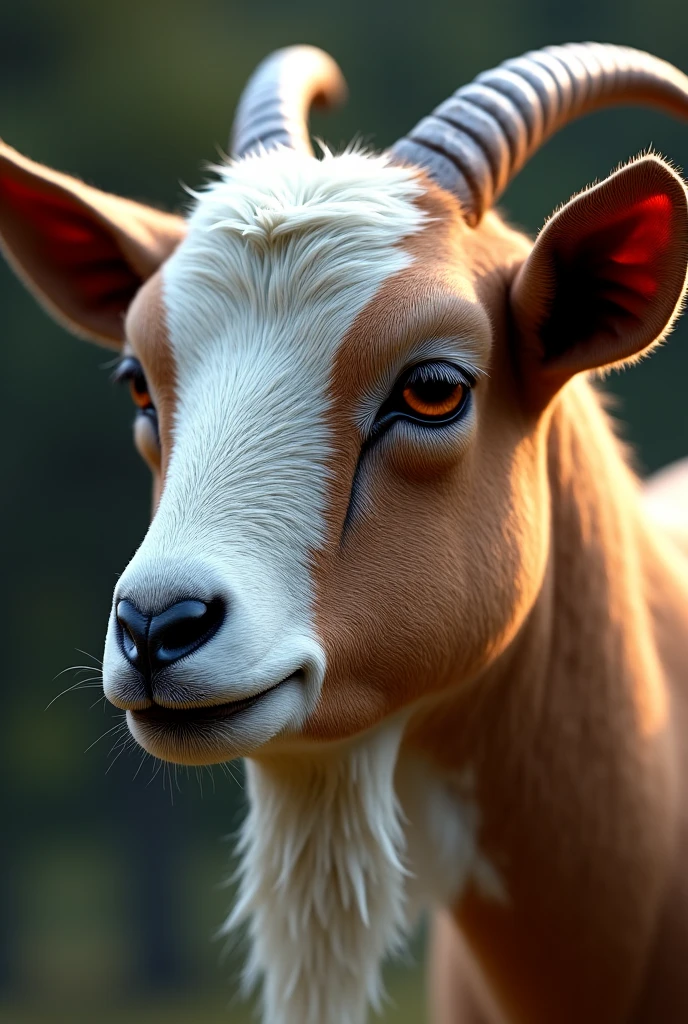 Highly realistic and lifelike goat head,The details are meticulous,Black nose,Maroon eyes,The expression is gentle,four-angled independent ears,realistic fur texture,Glossy and bright, 4k, 8k, Ultra HD, Cinematic texture, professional-grade camera captures, high-end painting, Realistic oil painting, Soft depth of field, Natural light exposure, excellent organic, elegant and atmospheric, colorful,rich and natural。