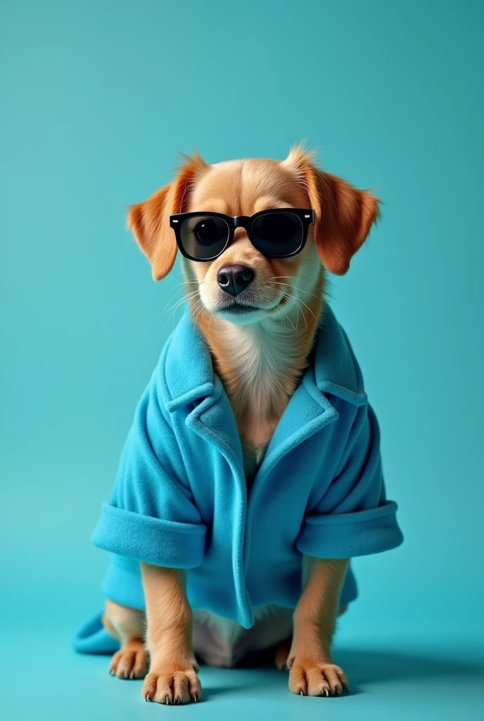 best mobile wallpaper,award - winning wallpaper,Photo photography,Front view of a cute dog,Dressed in mid-1960s space-age fashion,Side view photo,shot with Canon EOS R5,Set a strong contrast to make the subject stand out,Fluorescent blue,Wearing a very modern coat and sunglasses,It's a modern 1960s style,All clothes are one color,Beautiful background