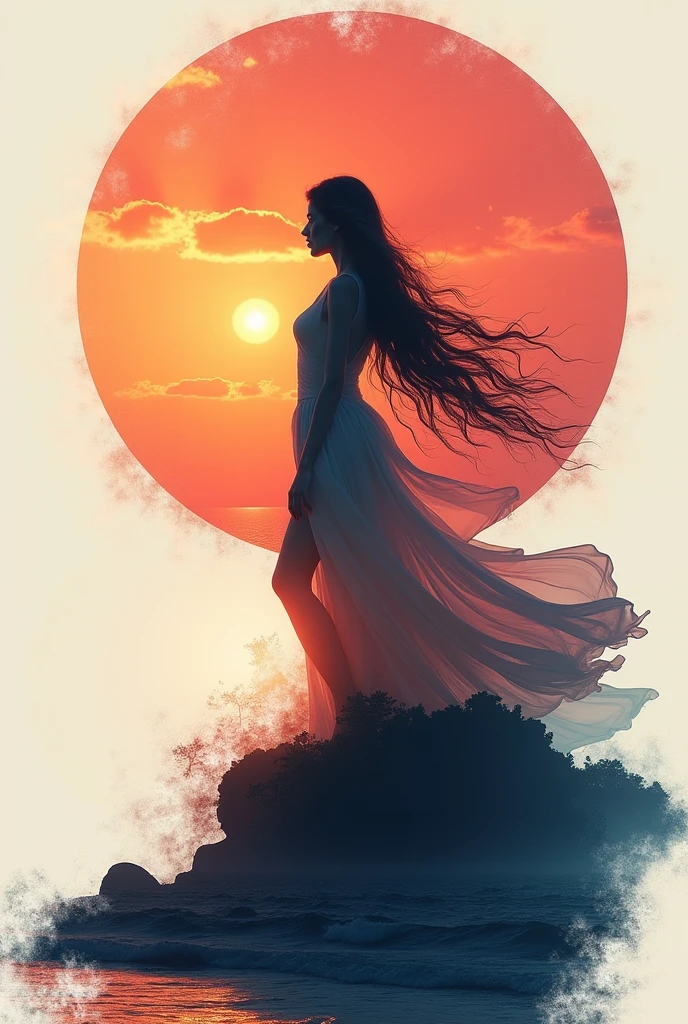 high quality,8k ultra high definition,美丽的Doubleexposure,Combining the silhouette of the goddess with the sunset coast, sunset coast should be used as the bottom background,Details are integrated into the silhouette of the goddess,Clear lines,The background is a monochromatic ,Focus sharp,Doubleexposure,Created by yukisakura,Gorgeous full color