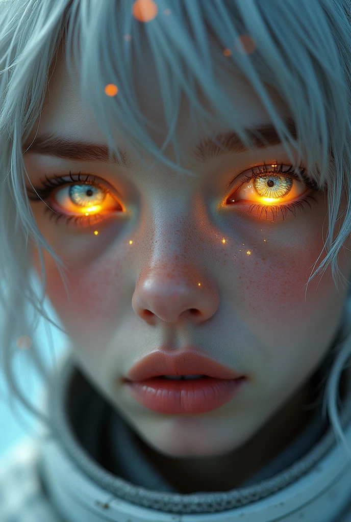 (Close-up of a masterpiece:1.5)0.9]，(Space and astronauts:1.2) (Messy silver hair:1.1) (Heterochromia yellow blue eyes:1.2) (Casque spatial:1.0) (Colorful stars in the eyes:1.0) (Dazzling light:1.1) (Thick lip:0.9)