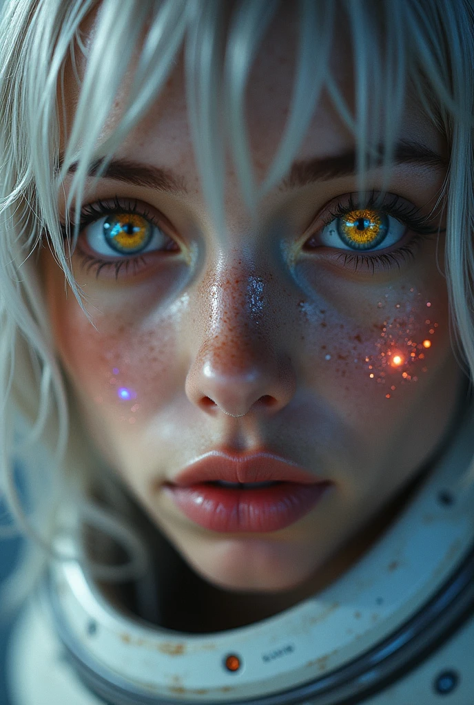(Close-up of a masterpiece:1.5)0.9]，(Space and astronauts:1.2) (Messy silver hair:1.1) (Heterochromia yellow blue eyes:1.2) (Casque spatial:1.0) (Colorful stars in the eyes:1.0) (Dazzling light:1.1) (Thick lip:0.9)