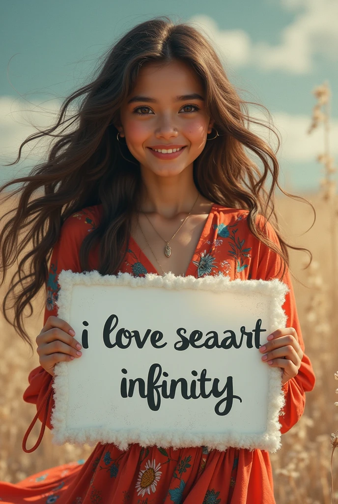Beautiful girl with wavy long hair, bohemian dress, holding a white board with text "I Love Seaart Infinity" and showing it to the viewer