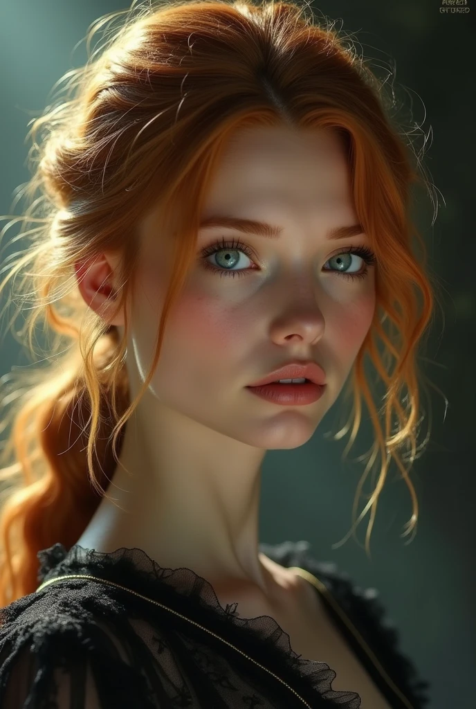 (solo, full body photo:1.3), (action packed:1.3), (haze, fog, mist:1.3), chiaroscuro, best quality, photorealistic, 1woman, (cute), (24yo:1.2), redhead, long ginger hair highly detailed, 1700'S, digital photography, art by artgerm and ruan jia and greg rutkowski surreal painting gold butterfly filigree, broken glass, (masterpiece, sidelighting, finely detailed Fashionable eyes: 1.2) (perfect oval large eyes that gazes at the viewer), beautiful detailed face, blue gorgeous perfect eyes, (blonde hair ponytail), (attractive young woman:1.3), (thick amazing hair), (seductive:1.1), (blushing:1.1)