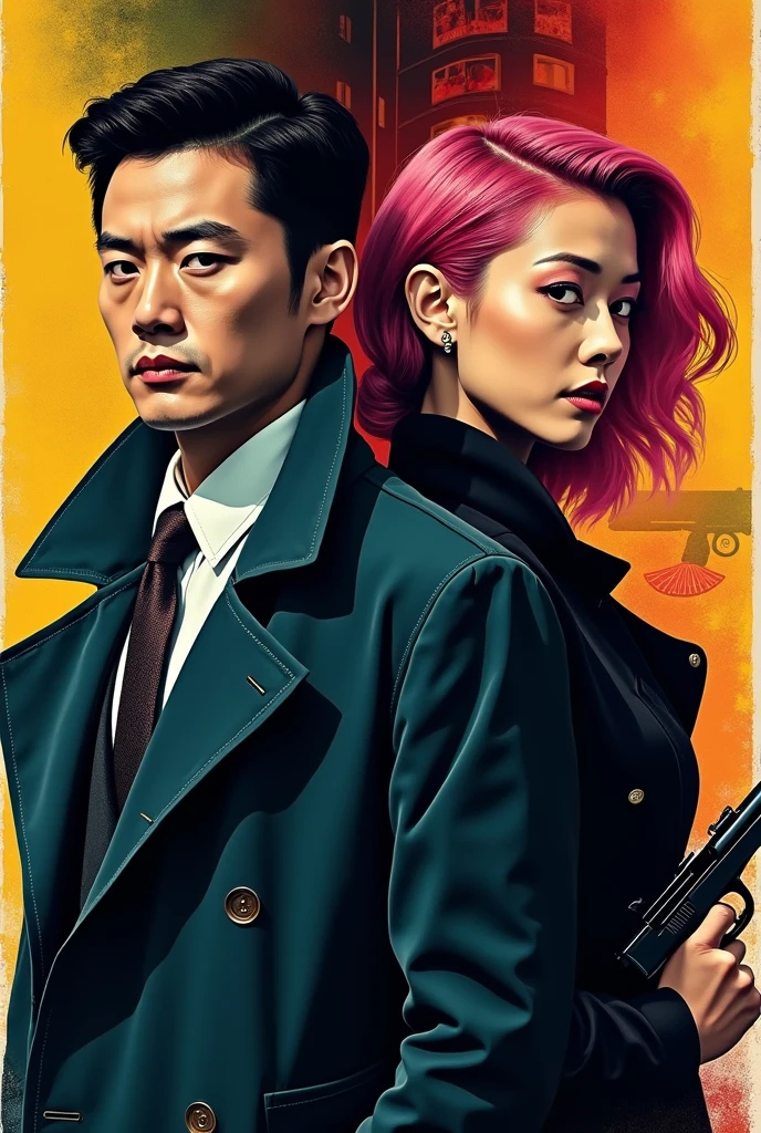 Hollywood spy thriller poster:Mysterious man in trench coat and woman in tight jacket standing back to back,Sharp eyes,holding handgun。background uses multi-scene narration and double exposure。in pop art style,Thrilling suspense。deep blues、black、Red and yellow tones,for dramatic effect。