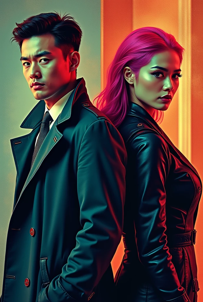 Hollywood spy thriller poster:Mysterious man in trench coat and woman in tight jacket standing back to back,Sharp eyes,holding handgun。background uses multi-scene narration and double exposure。in pop art style,Thrilling suspense。deep blues、black、Red and yellow tones,for dramatic effect。