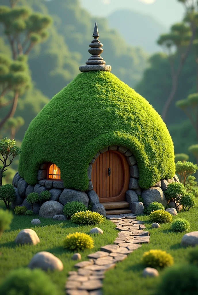 (isometric 3D),( masterpiece ), (Fine CG unified 8k wallpaper), ( Best Quality ), (Best illustration), ( Best shadows ),, A lovely one , Bali Temple, A round turnip hut covered in moss, ,octal rendering,Ray tracing,Super meticulous