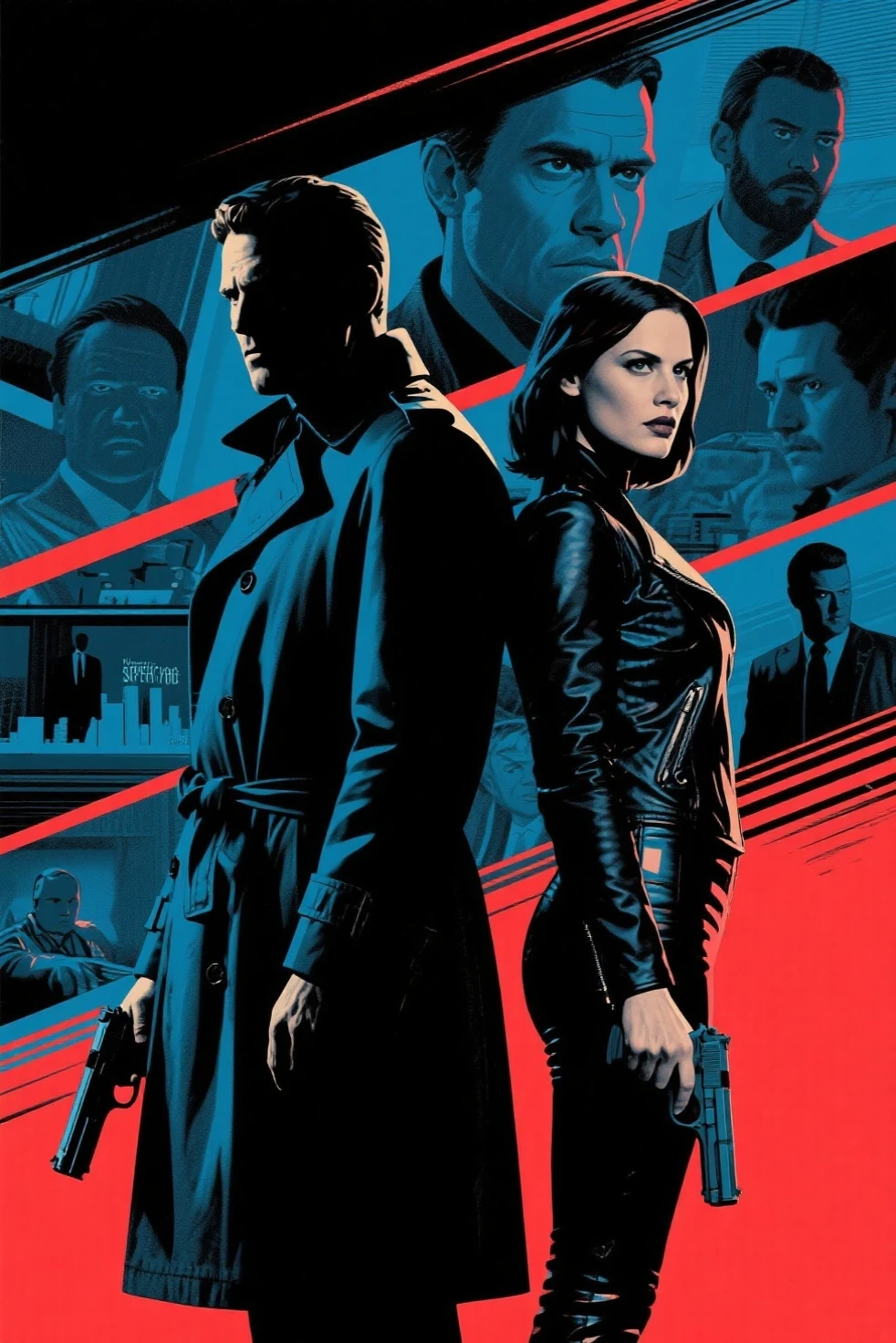 Hollywood spy thriller poster:Mysterious man in trench coat and woman in tight jacket standing back to back,Sharp eyes,holding handgun。background uses multi-scene narration and double exposure。in pop art style,Thrilling suspense。deep blues、black、red and tones,for dramatic effect。