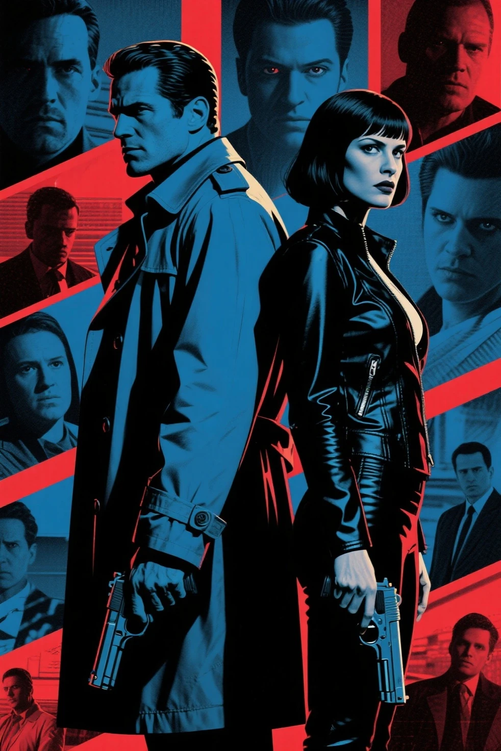 Hollywood spy thriller poster:Mysterious man in trench coat and woman in tight jacket standing back to back,Sharp eyes,holding handgun。background uses multi-scene narration and double exposure。in pop art style,Thrilling suspense。deep blues、black、red and tones,for dramatic effect。